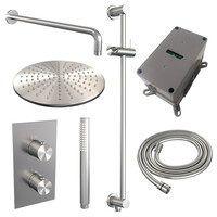 Brauer Brauer Brushed Editon Regendoucheset:  Thermostatische Inbouwkraan met 3-Weg Omstel, Gebogen Wandarm, Douchekop 30cm, Glijstang met Wateruitlaat, Staafhanddouche & Doucheslang - Set 40 - Draaiknoppen - PVD - Geborsteld RVS