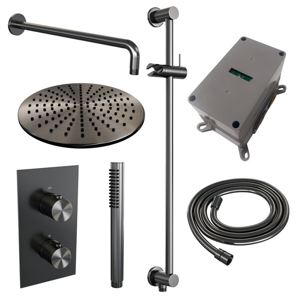Brauer Brauer Gunmetal Editon Regendoucheset:  Thermostatische Inbouwkraan met 3-Weg Omstel, Gebogen Wandarm, Douchekop 30cm, Glijstang met Wateruitlaat, Staafhanddouche & Doucheslang - Set 40 - Draaiknoppen - PVD - Geborsteld Gunmetal