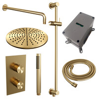 Brauer Brauer Gold Editon Regendoucheset:  Thermostatische Inbouwkraan met 3-Weg Omstel, Gebogen Wandarm, Douchekop 30cm, Glijstang met Wateruitlaat, Staafhanddouche & Doucheslang - Set 40 - Draaiknoppen - PVD - Geborsteld Goud