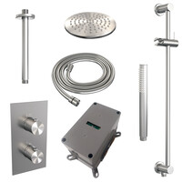 Brauer Brauer Brushed Editon Regendoucheset:  Thermostatische Inbouwkraan met 3-Weg Omstel, Plafondarm, Douchekop 20cm, Glijstang met Wateruitlaat, Staafhanddouche & Doucheslang - Set 41 - Draaiknoppen - PVD - Geborsteld RVS