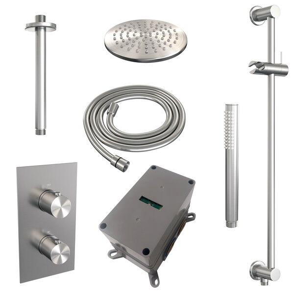 Brauer Brauer Brushed Editon Regendoucheset:  Thermostatische Inbouwkraan met 3-Weg Omstel, Plafondarm, Douchekop 20cm, Glijstang met Wateruitlaat, Staafhanddouche & Doucheslang - Set 41 - Draaiknoppen - PVD - Geborsteld RVS