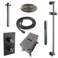 Brauer Brauer Gunmetal Editon Regendoucheset:  Thermostatische Inbouwkraan met 3-Weg Omstel, Plafondarm, Douchekop 20cm, Glijstang met Wateruitlaat, Staafhanddouche & Doucheslang - Set 41 - Draaiknoppen - PVD - Geborsteld Gunmetal