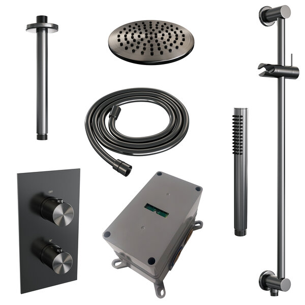 Brauer Brauer Gunmetal Editon Regendoucheset:  Thermostatische Inbouwkraan met 3-Weg Omstel, Plafondarm, Douchekop 20cm, Glijstang met Wateruitlaat, Staafhanddouche & Doucheslang - Set 41 - Draaiknoppen - PVD - Geborsteld Gunmetal