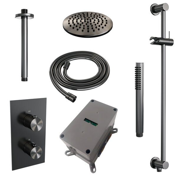 Brauer Brauer Gunmetal Editon Regendoucheset:  Thermostatische Inbouwkraan met 3-Weg Omstel, Plafondarm, Douchekop Ø20cm, Glijstang met Wateruitlaat, Staafhanddouche & Doucheslang - Set 41 - Draaiknoppen - PVD - Geborsteld Gunmetal