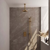 Brauer Brauer Gold Editon Regendoucheset:  Thermostatische Inbouwkraan met 3-Weg Omstel, Plafondarm, Douchekop 20cm, Glijstang met Wateruitlaat, Staafhanddouche & Doucheslang - Set 41 - Draaiknoppen - PVD - Geborsteld Goud