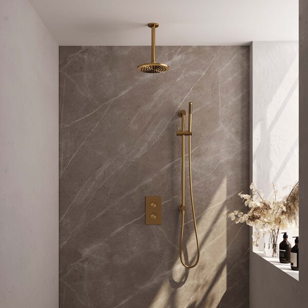 Brauer Brauer Gold Editon Regendoucheset:  Thermostatische Inbouwkraan met 3-Weg Omstel, Plafondarm, Douchekop 20cm, Glijstang met Wateruitlaat, Staafhanddouche & Doucheslang - Set 41 - Draaiknoppen - PVD - Geborsteld Goud