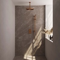 Brauer Brauer Copper Editon Regendoucheset:  Thermostatische Inbouwkraan met 3-Weg Omstel, Plafondarm, Douchekop 30cm, Glijstang met Wateruitlaat, Staafhanddouche & Doucheslang - Set 42 - Draaiknoppen - PVD - Geborsteld Koper
