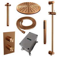 Brauer Brauer Copper Editon Regendoucheset:  Thermostatische Inbouwkraan met 3-Weg Omstel, Plafondarm, Douchekop 30cm, Glijstang met Wateruitlaat, Staafhanddouche & Doucheslang - Set 42 - Draaiknoppen - PVD - Geborsteld Koper