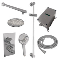 Brauer Brauer Chrome Editon Regendoucheset:  Thermostatische Inbouwkraan met 3-Weg Omstel, Rechte Wandarm, Douchekop 20cm, Glijstang met Wateruitlaat, 3-Standen Handdouche & Doucheslang - Set 43 - Draaiknoppen - Chroom
