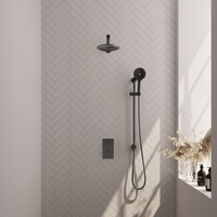 Brauer Brauer Gunmetal Editon Regendoucheset:  Thermostatische Inbouwkraan met 3-Weg Omstel, Rechte Wandarm, Douchekop 20cm, Glijstang met Wateruitlaat, 3-Standen Handdouche & Doucheslang - Set 43 - Draaiknoppen - PVD - Geborsteld Gunmetal