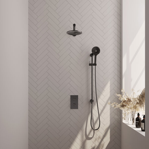 Brauer Brauer Gunmetal Editon Regendoucheset:  Thermostatische Inbouwkraan met 3-Weg Omstel, Rechte Wandarm, Douchekop 20cm, Glijstang met Wateruitlaat, 3-Standen Handdouche & Doucheslang - Set 43 - Draaiknoppen - PVD - Geborsteld Gunmetal