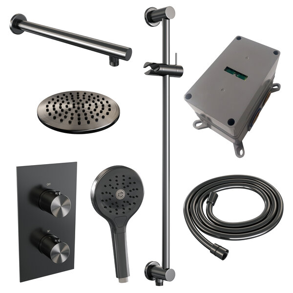 Brauer Brauer Gunmetal Editon Regendoucheset:  Thermostatische Inbouwkraan met 3-Weg Omstel, Rechte Wandarm, Douchekop 20cm, Glijstang met Wateruitlaat, 3-Standen Handdouche & Doucheslang - Set 43 - Draaiknoppen - PVD - Geborsteld Gunmetal