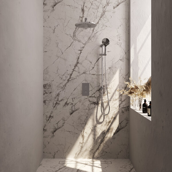 Brauer Brauer Chrome Editon Regendoucheset:  Thermostatische Inbouwkraan met 3-Weg Omstel, Rechte Wandarm, Douchekop 30cm, Glijstang met Wateruitlaat, 3-Standen Handdouche & Doucheslang - Set 44 - Draaiknoppen - Chroom