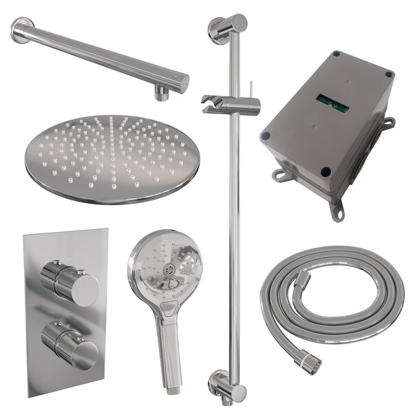 Brauer Brauer Chrome Editon Regendoucheset:  Thermostatische Inbouwkraan met 3-Weg Omstel, Rechte Wandarm, Douchekop 30cm, Glijstang met Wateruitlaat, 3-Standen Handdouche & Doucheslang - Set 44 - Draaiknoppen - Chroom