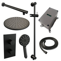 Brauer Brauer Black Editon Regendoucheset:  Thermostatische Inbouwkraan met 3-Weg Omstel, Rechte Wandarm, Douchekop 30cm, Glijstang met Wateruitlaat, 3-Standen Handdouche & Doucheslang - Set 44 - Draaiknoppen - Mat Zwart