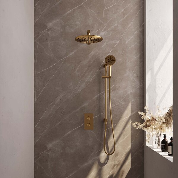 Brauer Brauer Gold Editon Regendoucheset:  Thermostatische Inbouwkraan met 3-Weg Omstel, Rechte Wandarm, Douchekop 30cm, Glijstang met Wateruitlaat, 3-Standen Handdouche & Doucheslang - Set 44 - Draaiknoppen - PVD - Geborsteld Goud