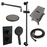 Brauer Brauer Black Editon Regendoucheset:  Thermostatische Inbouwkraan met 3-Weg Omstel, Gebogen Wandarm, Douchekop 20cm, Glijstang met Wateruitlaat, 3-Standen Handdouche & Doucheslang - Set 45 - Draaiknoppen - Mat Zwart