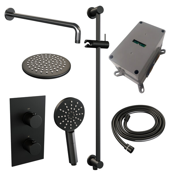 Brauer Brauer Black Editon Regendoucheset:  Thermostatische Inbouwkraan met 3-Weg Omstel, Gebogen Wandarm, Douchekop 20cm, Glijstang met Wateruitlaat, 3-Standen Handdouche & Doucheslang - Set 45 - Draaiknoppen - Mat Zwart