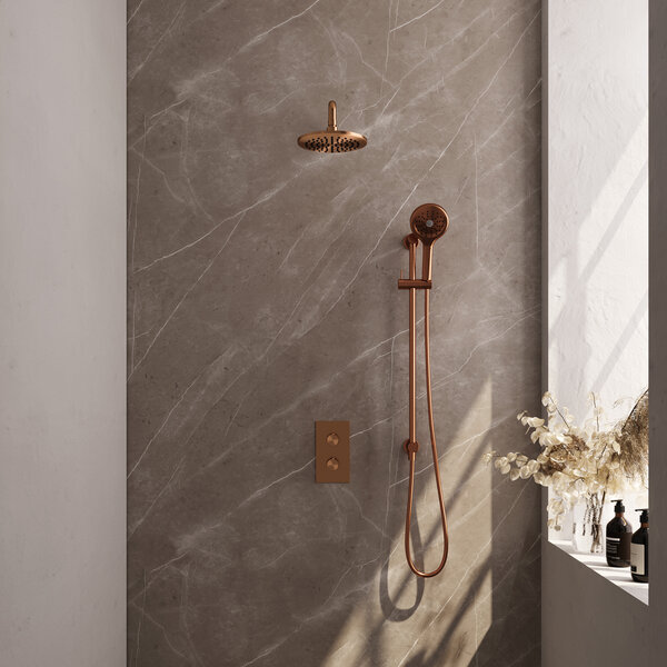 Brauer Brauer Copper Editon Regendoucheset:  Thermostatische Inbouwkraan met 3-Weg Omstel, Gebogen Wandarm, Douchekop 20cm, Glijstang met Wateruitlaat, 3-Standen Handdouche & Doucheslang - Set 45 - Draaiknoppen - PVD - Geborsteld Koper