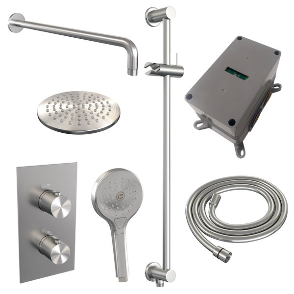 Brauer Brauer Brushed Editon Regendoucheset:  Thermostatische Inbouwkraan met 3-Weg Omstel, Gebogen Wandarm, Douchekop 20cm, Glijstang met Wateruitlaat, 3-Standen Handdouche & Doucheslang - Set 45 - Draaiknoppen - PVD - Geborsteld RVS