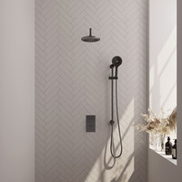 Brauer Brauer Gunmetal Editon Regendoucheset:  Thermostatische Inbouwkraan met 3-Weg Omstel, Gebogen Wandarm, Douchekop 20cm, Glijstang met Wateruitlaat, 3-Standen Handdouche & Doucheslang - Set 45 - Draaiknoppen - PVD - Geborsteld Gunmetal