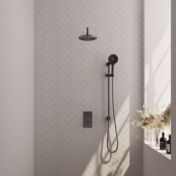 Brauer Brauer Gunmetal Editon Regendoucheset:  Thermostatische Inbouwkraan met 3-Weg Omstel, Gebogen Wandarm, Douchekop 20cm, Glijstang met Wateruitlaat, 3-Standen Handdouche & Doucheslang - Set 45 - Draaiknoppen - PVD - Geborsteld Gunmetal