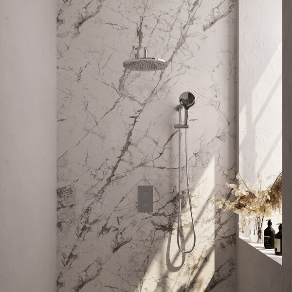 Brauer Brauer Chrome Editon Regendoucheset:  Thermostatische Inbouwkraan met 3-Weg Omstel, Gebogen Wandarm, Douchekop 30cm, Glijstang met Wateruitlaat, 3-Standen Handdouche & Doucheslang - Set 46 - Draaiknoppen - Chroom