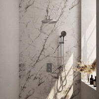 Brauer Brauer Brushed Editon Regendoucheset:  Thermostatische Inbouwkraan met 3-Weg Omstel, Gebogen Wandarm, Douchekop 30cm, Glijstang met Wateruitlaat, 3-Standen Handdouche & Doucheslang - Set 46 - Draaiknoppen - PVD - Geborsteld RVS