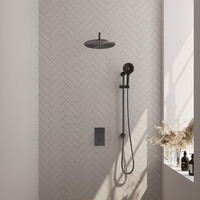 Brauer Brauer Gunmetal Editon Regendoucheset:  Thermostatische Inbouwkraan met 3-Weg Omstel, Gebogen Wandarm, Douchekop 30cm, Glijstang met Wateruitlaat, 3-Standen Handdouche & Doucheslang - Set 46 - Draaiknoppen - PVD - Geborsteld Gunmetal