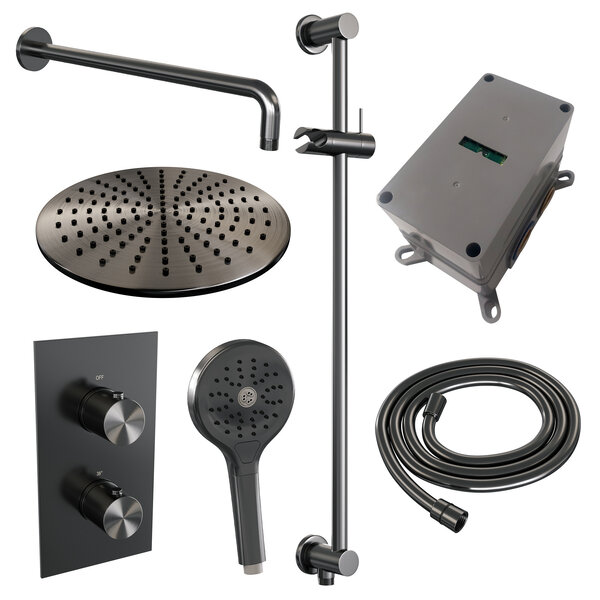 Brauer Brauer Gunmetal Editon Regendoucheset:  Thermostatische Inbouwkraan met 3-Weg Omstel, Gebogen Wandarm, Douchekop Ø30cm, Glijstang met Wateruitlaat, 3-Standen Handdouche & Doucheslang - Set 46 - Draaiknoppen - PVD - Geborsteld Gunmetal