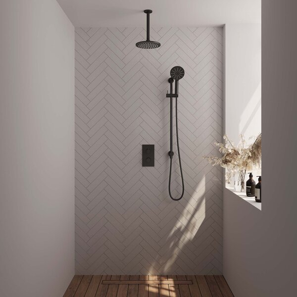 Brauer Brauer Black Editon Regendoucheset:  Thermostatische Inbouwkraan met 3-Weg Omstel, Plafondarm, Douchekop 20cm, Glijstang met Wateruitlaat, 3-Standen Handdouche & Doucheslang - Set 47 - Draaiknoppen - Mat Zwart