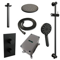 Brauer Brauer Black Editon Regendoucheset:  Thermostatische Inbouwkraan met 3-Weg Omstel, Plafondarm, Douchekop 20cm, Glijstang met Wateruitlaat, 3-Standen Handdouche & Doucheslang - Set 47 - Draaiknoppen - Mat Zwart