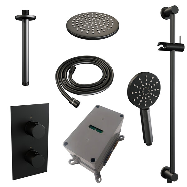 Brauer Brauer Black Editon Regendoucheset:  Thermostatische Inbouwkraan met 3-Weg Omstel, Plafondarm, Douchekop 20cm, Glijstang met Wateruitlaat, 3-Standen Handdouche & Doucheslang - Set 47 - Draaiknoppen - Mat Zwart