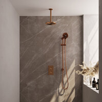 Brauer Brauer Copper Editon Regendoucheset:  Thermostatische Inbouwkraan met 3-Weg Omstel, Plafondarm, Douchekop 20cm, Glijstang met Wateruitlaat, 3-Standen Handdouche & Doucheslang - Set 47 - Draaiknoppen - PVD - Geborsteld Koper