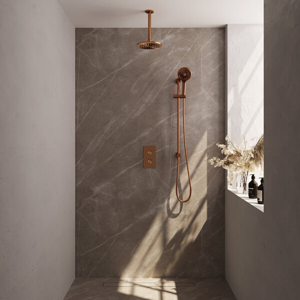 Brauer Brauer Copper Editon Regendoucheset:  Thermostatische Inbouwkraan met 3-Weg Omstel, Plafondarm, Douchekop 20cm, Glijstang met Wateruitlaat, 3-Standen Handdouche & Doucheslang - Set 47 - Draaiknoppen - PVD - Geborsteld Koper