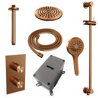 Brauer Brauer Copper Editon Regendoucheset:  Thermostatische Inbouwkraan met 3-Weg Omstel, Plafondarm, Douchekop 20cm, Glijstang met Wateruitlaat, 3-Standen Handdouche & Doucheslang - Set 47 - Draaiknoppen - PVD - Geborsteld Koper