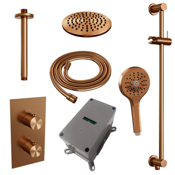 Brauer Brauer Copper Editon Regendoucheset:  Thermostatische Inbouwkraan met 3-Weg Omstel, Plafondarm, Douchekop 20cm, Glijstang met Wateruitlaat, 3-Standen Handdouche & Doucheslang - Set 47 - Draaiknoppen - PVD - Geborsteld Koper