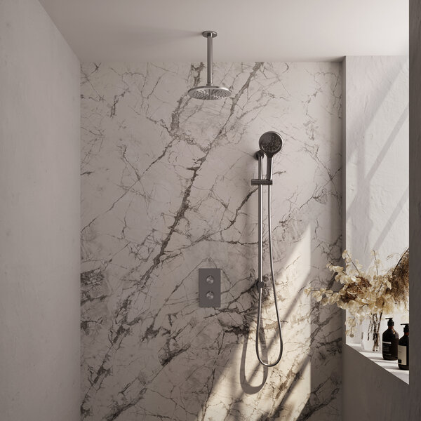Brauer Brauer Brushed Editon Regendoucheset:  Thermostatische Inbouwkraan met 3-Weg Omstel, Plafondarm, Douchekop 20cm, Glijstang met Wateruitlaat, 3-Standen Handdouche & Doucheslang - Set 47 - Draaiknoppen - PVD - Geborsteld RVS