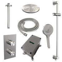 Brauer Brauer Brushed Editon Regendoucheset:  Thermostatische Inbouwkraan met 3-Weg Omstel, Plafondarm, Douchekop 20cm, Glijstang met Wateruitlaat, 3-Standen Handdouche & Doucheslang - Set 47 - Draaiknoppen - PVD - Geborsteld RVS