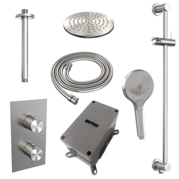 Brauer Brauer Brushed Editon Regendoucheset:  Thermostatische Inbouwkraan met 3-Weg Omstel, Plafondarm, Douchekop 20cm, Glijstang met Wateruitlaat, 3-Standen Handdouche & Doucheslang - Set 47 - Draaiknoppen - PVD - Geborsteld RVS