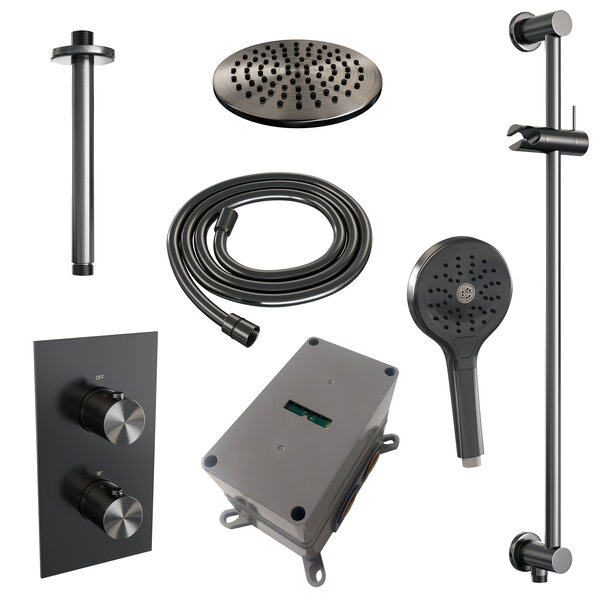 Brauer Brauer Gunmetal Editon Regendoucheset:  Thermostatische Inbouwkraan met 3-Weg Omstel, Plafondarm, Douchekop 20cm, Glijstang met Wateruitlaat, 3-Standen Handdouche & Doucheslang - Set 47 - Draaiknoppen - PVD - Geborsteld Gunmetal