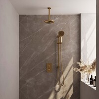 Brauer Brauer Gold Editon Regendoucheset:  Thermostatische Inbouwkraan met 3-Weg Omstel, Plafondarm, Douchekop 20cm, Glijstang met Wateruitlaat, 3-Standen Handdouche & Doucheslang - Set 47 - Draaiknoppen - PVD - Geborsteld Goud
