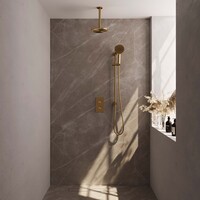 Brauer Brauer Gold Editon Regendoucheset:  Thermostatische Inbouwkraan met 3-Weg Omstel, Plafondarm, Douchekop 20cm, Glijstang met Wateruitlaat, 3-Standen Handdouche & Doucheslang - Set 47 - Draaiknoppen - PVD - Geborsteld Goud