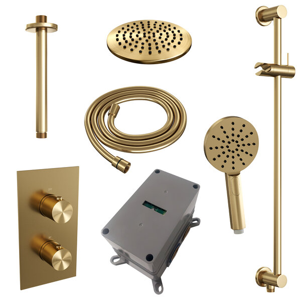 Brauer Brauer Gold Editon Regendoucheset:  Thermostatische Inbouwkraan met 3-Weg Omstel, Plafondarm, Douchekop Ø20cm, Glijstang met Wateruitlaat, 3-Standen Handdouche & Doucheslang - Set 47 - Draaiknoppen - PVD - Geborsteld Goud