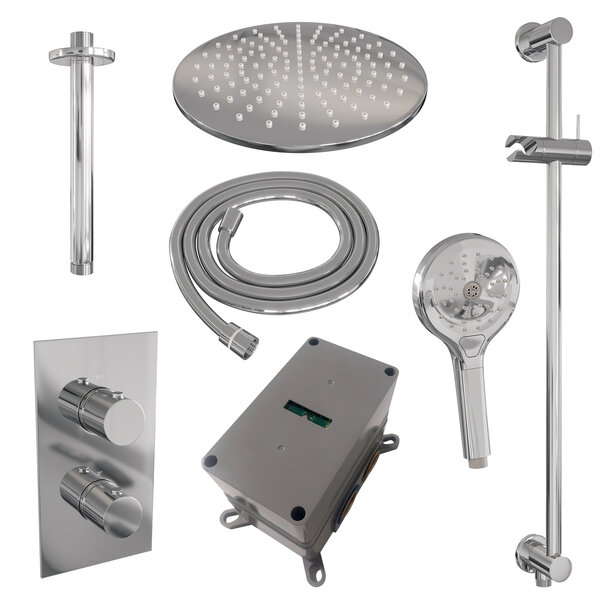 Brauer Brauer Chrome Editon Regendoucheset:  Thermostatische Inbouwkraan met 3-Weg Omstel, Plafondarm, Douchekop Ø30cm, Glijstang met Wateruitlaat, 3-Standen Handdouche & Doucheslang - Set 48 - Draaiknoppen - PVD - Chroom