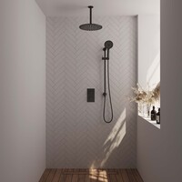 Brauer Brauer Black Editon Regendoucheset:  Thermostatische Inbouwkraan met 3-Weg Omstel, Plafondarm, Douchekop 30cm, Glijstang met Wateruitlaat, 3-Standen Handdouche & Doucheslang - Set 48 - Draaiknoppen - PVD - Mat Zwart