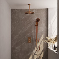 Brauer Brauer Copper Editon Regendoucheset:  Thermostatische Inbouwkraan met 3-Weg Omstel, Plafondarm, Douchekop 30cm, Glijstang met Wateruitlaat, 3-Standen Handdouche & Doucheslang - Set 48 - Draaiknoppen - PVD - Geborsteld Koper