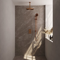 Brauer Brauer Copper Editon Regendoucheset:  Thermostatische Inbouwkraan met 3-Weg Omstel, Plafondarm, Douchekop 30cm, Glijstang met Wateruitlaat, 3-Standen Handdouche & Doucheslang - Set 48 - Draaiknoppen - PVD - Geborsteld Koper