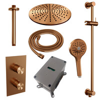 Brauer Brauer Copper Editon Regendoucheset:  Thermostatische Inbouwkraan met 3-Weg Omstel, Plafondarm, Douchekop 30cm, Glijstang met Wateruitlaat, 3-Standen Handdouche & Doucheslang - Set 48 - Draaiknoppen - PVD - Geborsteld Koper