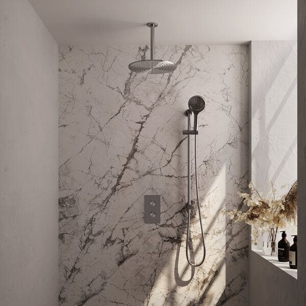 Brauer Brauer Brushed Editon Regendoucheset:  Thermostatische Inbouwkraan met 3-Weg Omstel, Plafondarm, Douchekop 30cm, Glijstang met Wateruitlaat, 3-Standen Handdouche & Doucheslang - Set 48 - Draaiknoppen - PVD - Geborsteld RVS